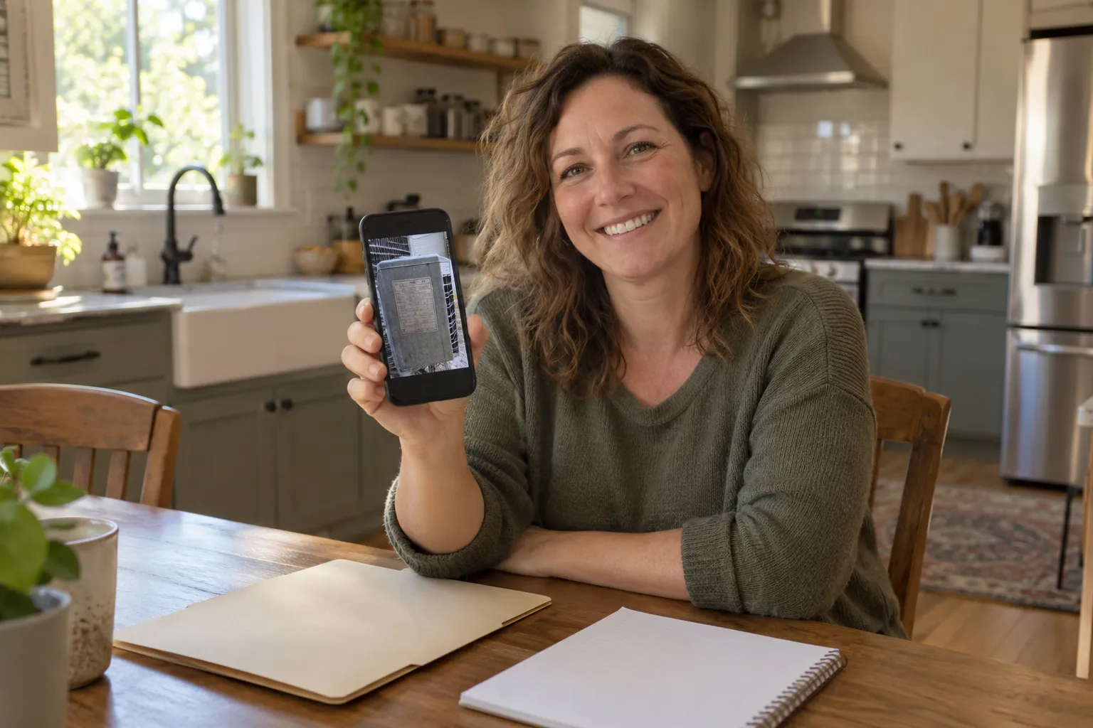 Homeowner organizing HVAC photos and notes at a kitchen table in the East Bethel area