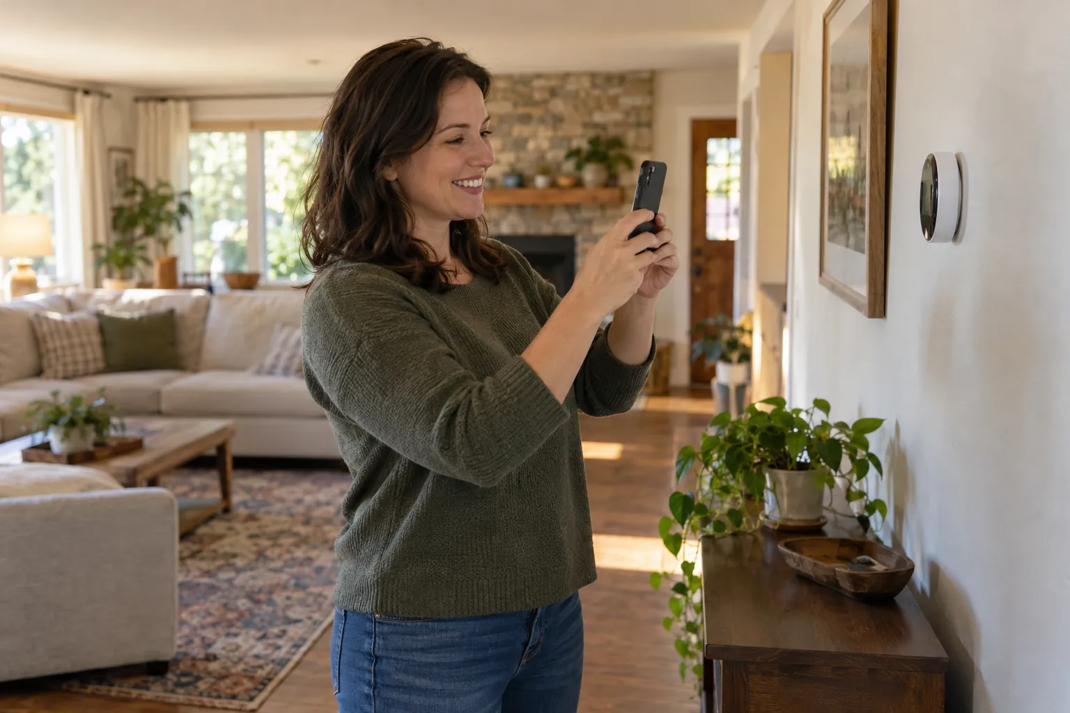 A homeowner in East Bethel checking the thermostat in a bright living room